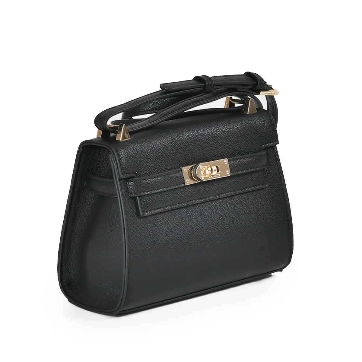Bolsa Via Marte tiracolo preta vista lateral destacando design compacto e detalhes metálicos